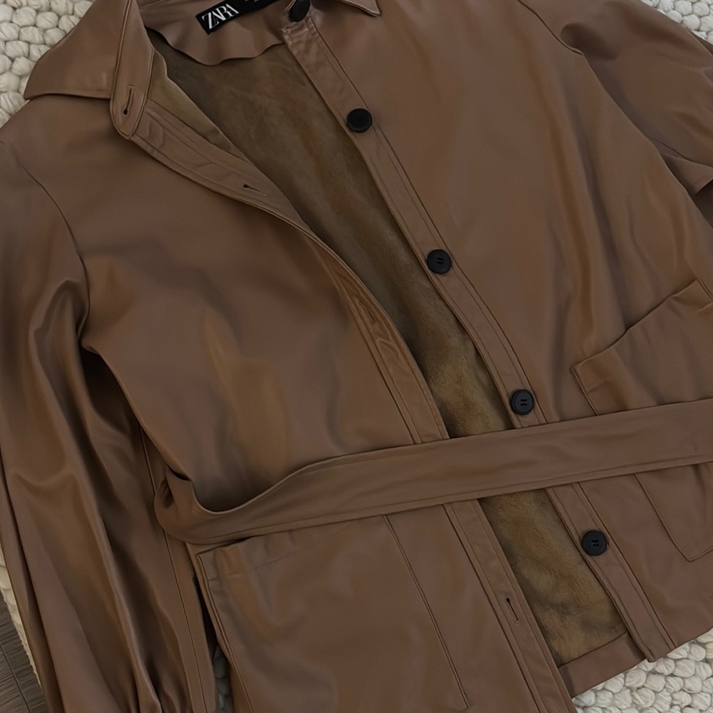 ZARA Brown Faux Leather Jacket with Belt - Picture 4 of 4